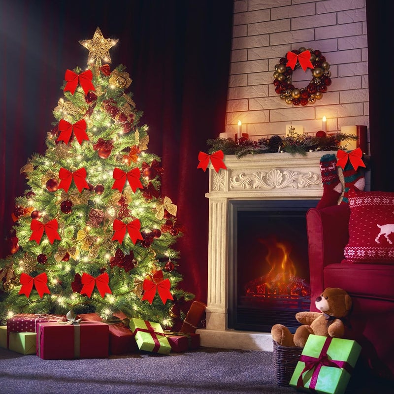 Hongsome 12Pcs Red Velvet Bows Christmas Tree Decorations,6 Inch Xmas Ornaments for Tree Home Party Front Door Wreath Holiday Indoor Inside Decor - Image 5
